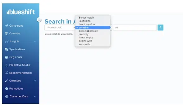 Blueshift search contains settings