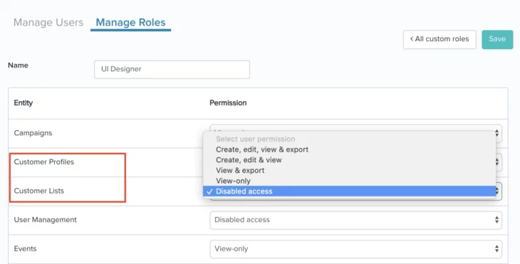 Manage roles page screenshot