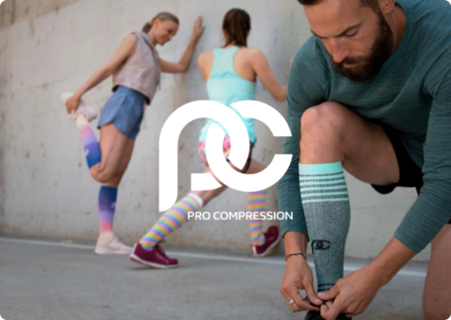 Pro Compression logo over an image of a man tying his shoe with two woman in workout clothes stretching in the background
