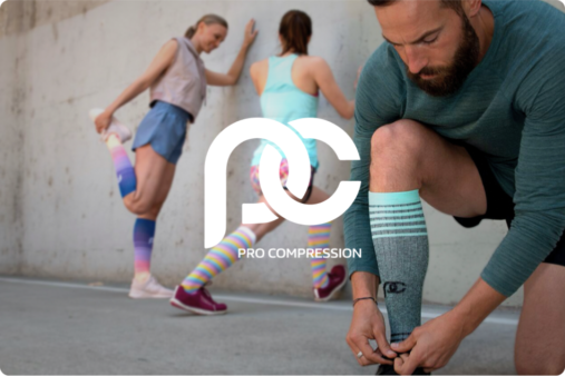 Pro Compression logo over an image of a man tying his shoe with two woman in workout clothes stretching in the background