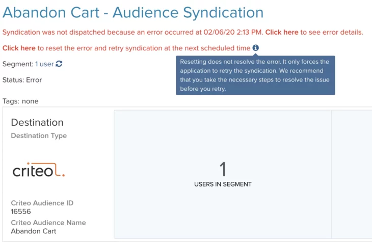 Abandon Cart - Audience Syndication screenshot