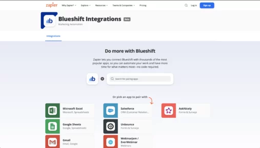 Blueshift App on Zapier page screenshot