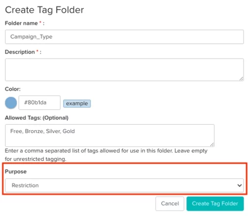 Create Tag Folder Purpose selection markup