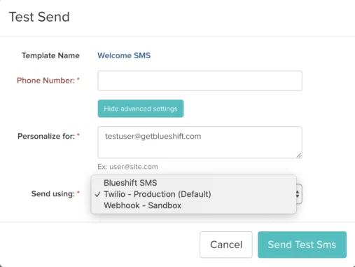 Test SMS send screenshot