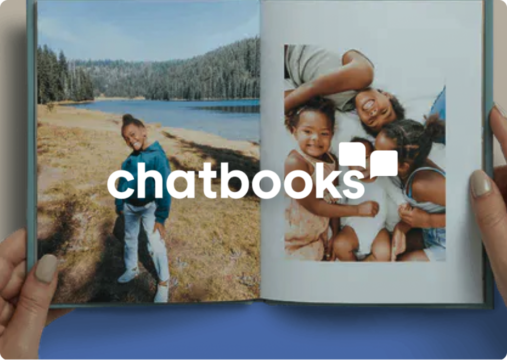 Chatbooks logo over a person holding a photo album