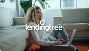 Lending Tree logo over image of a woman sitting behind a computer