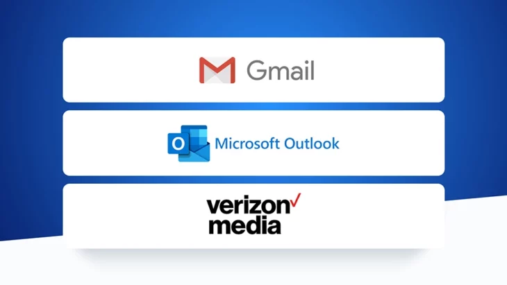 Logos for Gmail, Microsoft Outlook, and Verizon Media