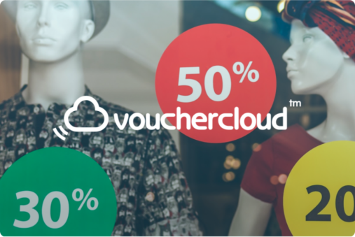 Vouchercloud logo over an image of department store mannequins with sales tags on them