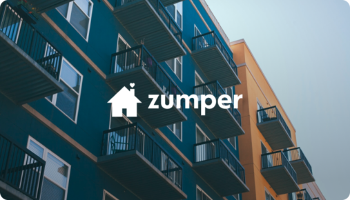 Zumper logo over an image of outdoor balconies outside two apartment buildings