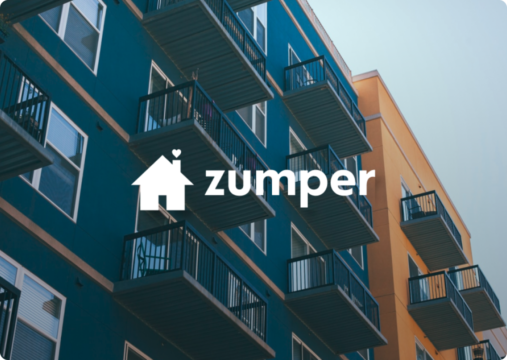 Zumper logo over an image of outdoor balconies outside two apartment buildings