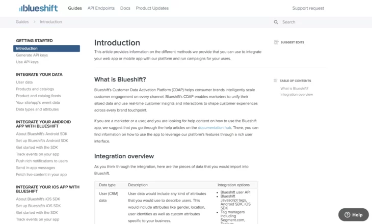 Blueshift developer portal introduction page screenshot