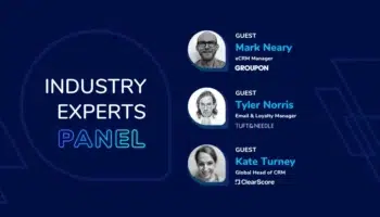 Blueshift Engage industry experts panel featuring Mark Neary (eCRM Manager, Groupon), Tyler Norris (Email & Loyalty Manager, Tuft & Needle), and Kate Turney (Global Head of CRM, ClearScore)