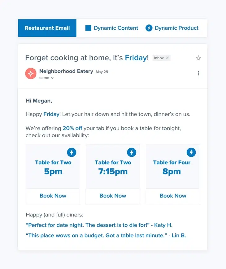 Restaurant email experience