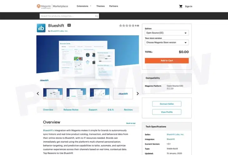 Blueshift app integration page on Magento Marketplace