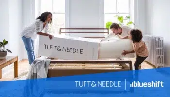 Tuft & Needle and Blueshift logos under an image of a family removing the contents from a box labeled "Tuft & Needle"