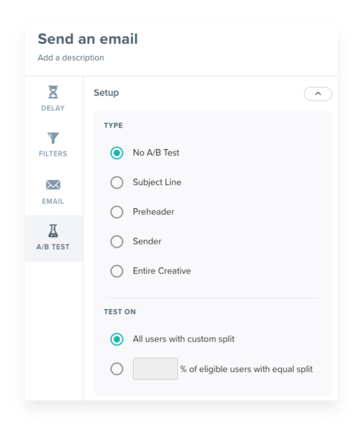 Email A/B Test setup screen