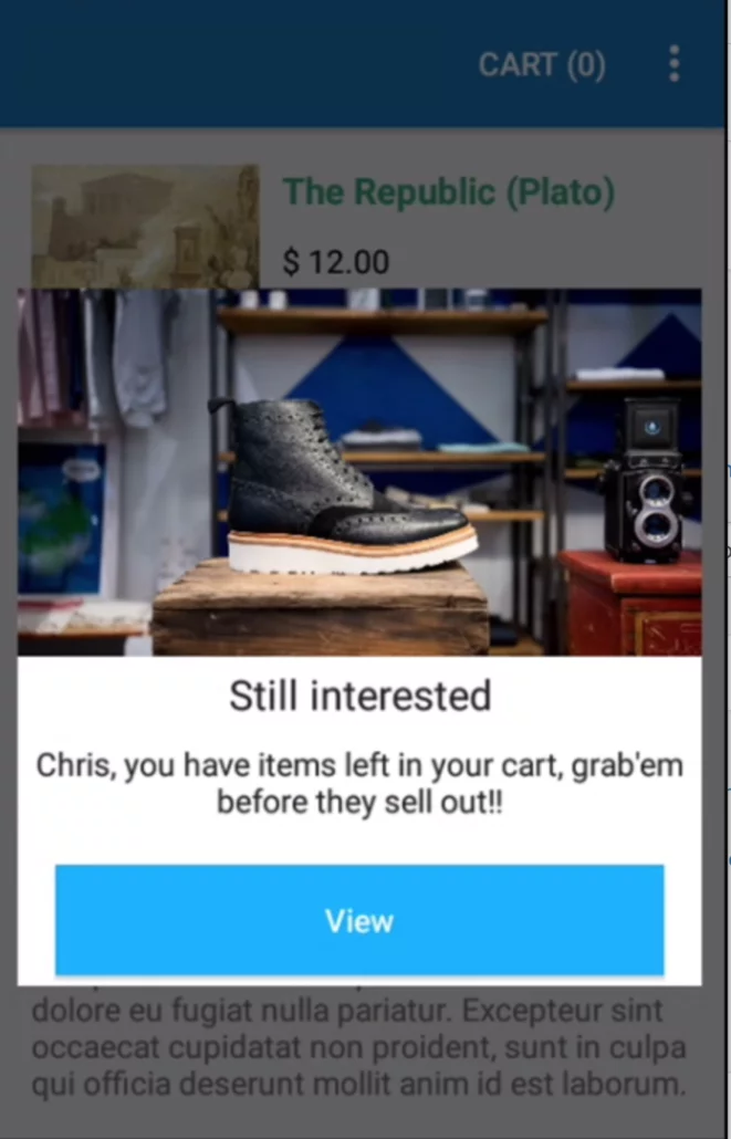 In-app cart abandonment notification