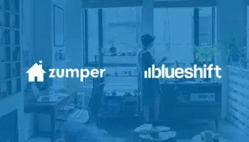 Zumper and Blueshift logos on a blue gradient background