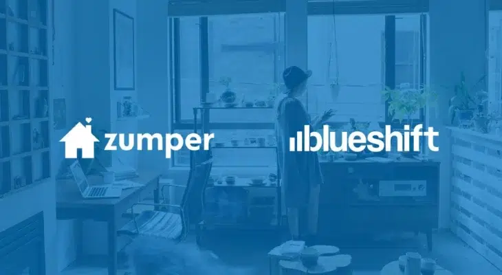 Zumper and Blueshift logos on a blue gradient background