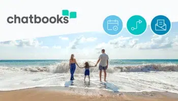 Chatbooks logo alongside of an image of a family holding hands at the beach as a wave is coming into shore