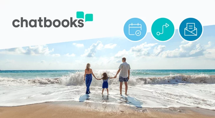 Chatbooks logo alongside of an image of a family holding hands at the beach as a wave is coming into shore