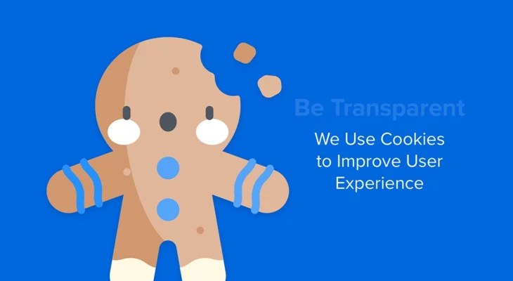 A gingerbread cookie with a bite taken out of it next to the text "Be transparent: we use cookies to improve user experience"