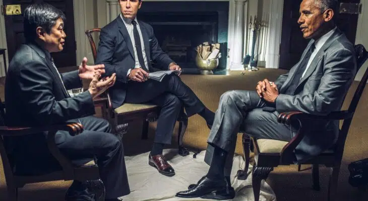 Barack Obama sitting down with two interviewers