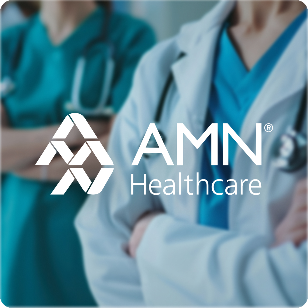 Cover for AMN Healthcare case study featuring the AMN Healthcare logo with a blurred image of a healthcare team in the background