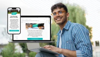 Stock image of a man holding a laptop showing two channels beside him - a web advertisement and an email from a financial company named Finify.