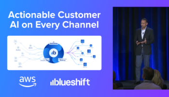 Blueshift presentation slide at AWS re:Invent 2024, showcasing AI-powered unified customer data platform for personalized cross-channel marketing with AWS and Blueshift logos.