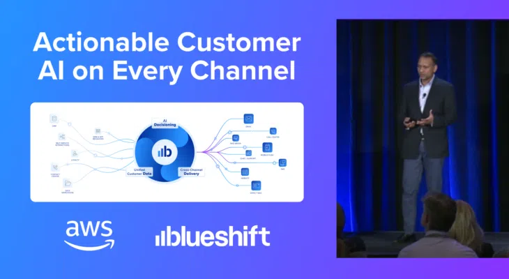 Blueshift presentation slide at AWS re:Invent 2024, showcasing AI-powered unified customer data platform for personalized cross-channel marketing with AWS and Blueshift logos.