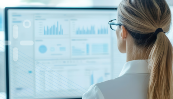 A financial professional analyzing customer data on a computer screen, using AI-driven insights to reduce customer churn and improve retention strategies.