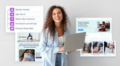 Smiling woman holding a laptop with personalized marketing elements around her, including customer profile data (gender, age, status, purchase history, and channel), a yoga e-commerce website, and product recommendations.