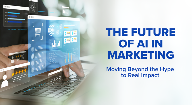 Person using a laptop with digital marketing and AI analytics dashboards overlaid, illustrating the future of AI in marketing.