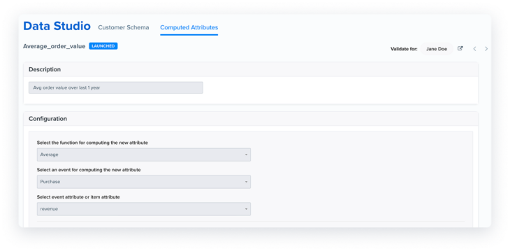 In-app screenshot of data studio's computed attributes segment builder