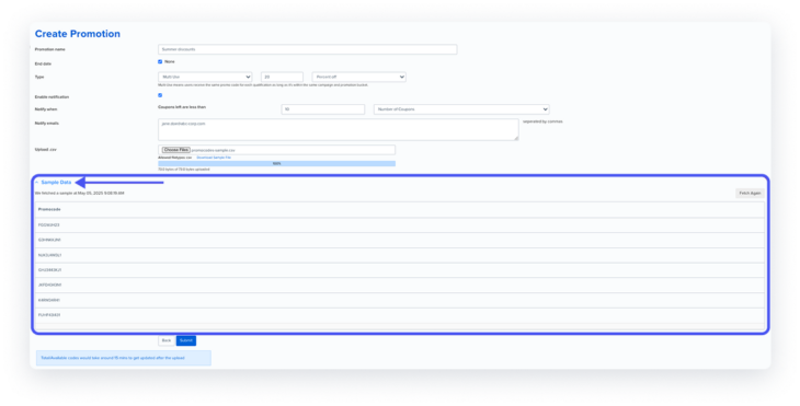 In-app screenshot showing the creation of a promotion using sample data