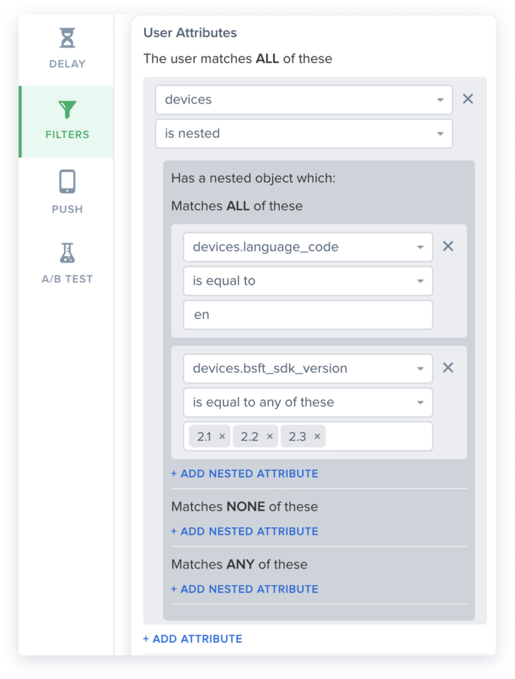In-app screenshot showing nested filters within user attributes