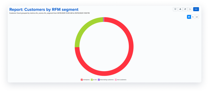 In-app screenshot showing a pie chart as an example of RFM Insights