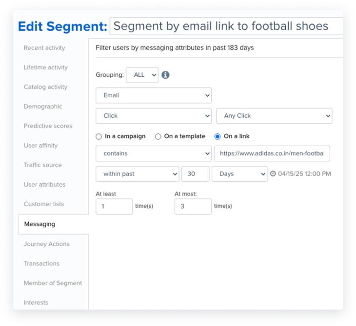 In-app screenshot showing segment templates using links