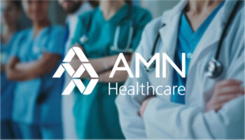 Cover for AMN Healthcare case study featuring the AMN Healthcare logo with a blurred image of a healthcare team in the background