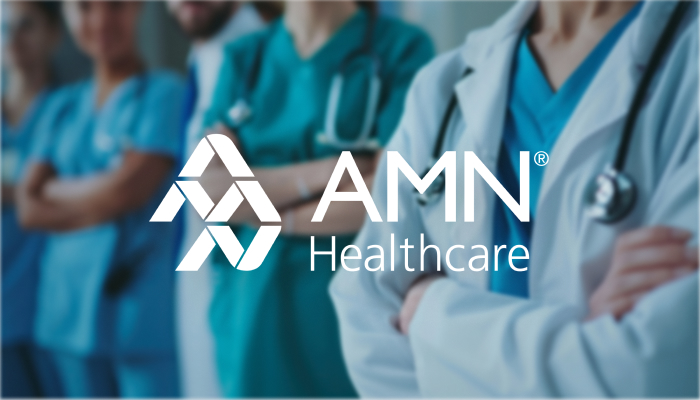Cover for AMN Healthcare case study featuring the AMN Healthcare logo with a blurred image of a healthcare team in the background