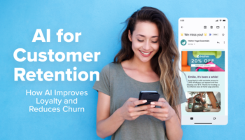 Woman looks at her phone and smiles. Title text is in white against a blue background that reads "AI for Customer Retention - How AI Improves Loyalty and Reduces Churn"