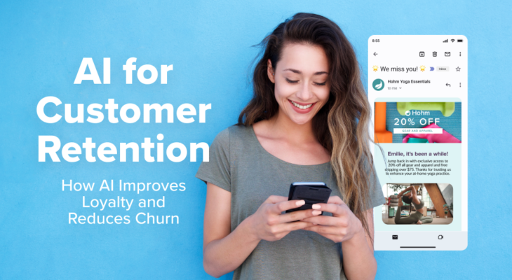 Woman looks at her phone and smiles. Title text is in white against a blue background that reads "AI for Customer Retention - How AI Improves Loyalty and Reduces Churn"