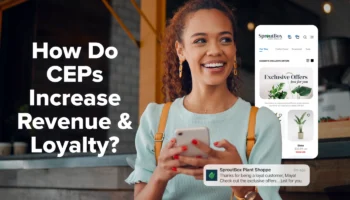 Woman on phone surrounded by insights and a push notification