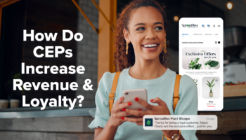 Title: How do customers increase revenue and loyalty? Woman is on her smart phone and looks off to the side, with a push notification and website showing personal offers.