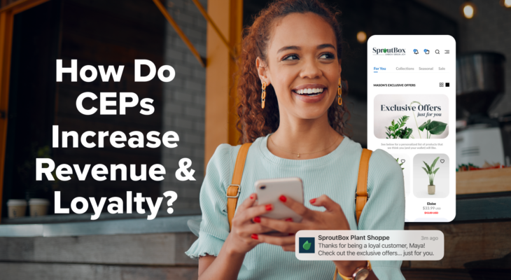 Title: How do customers increase revenue and loyalty? Woman is on her smart phone and looks off to the side, with a push notification and website showing personal offers.