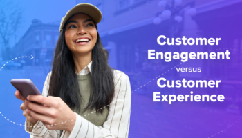 smiling woman on a mobile phone wearing a baseball cap with a blue-to-purple gradient background and a caption that reads "customer engagement vs customer experience"