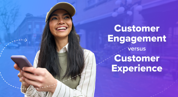 smiling woman on a mobile phone wearing a baseball cap with a blue-to-purple gradient background and a caption that reads "customer engagement vs customer experience"