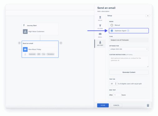 This is a product screenshot of Blueshift’s Optimizer Agent for a one-time campaign, displaying AI-powered recommendations for subject lines and send times.