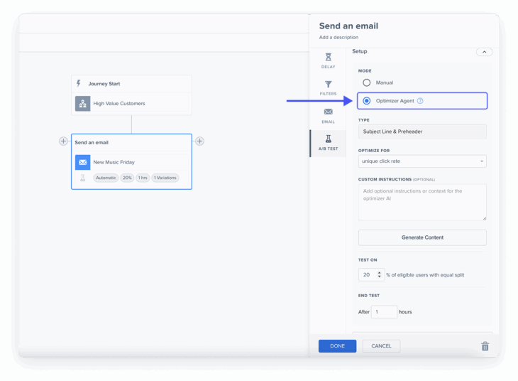 This is a product screenshot of Blueshift’s Optimizer Agent for a one-time campaign, displaying AI-powered recommendations for subject lines and send times.